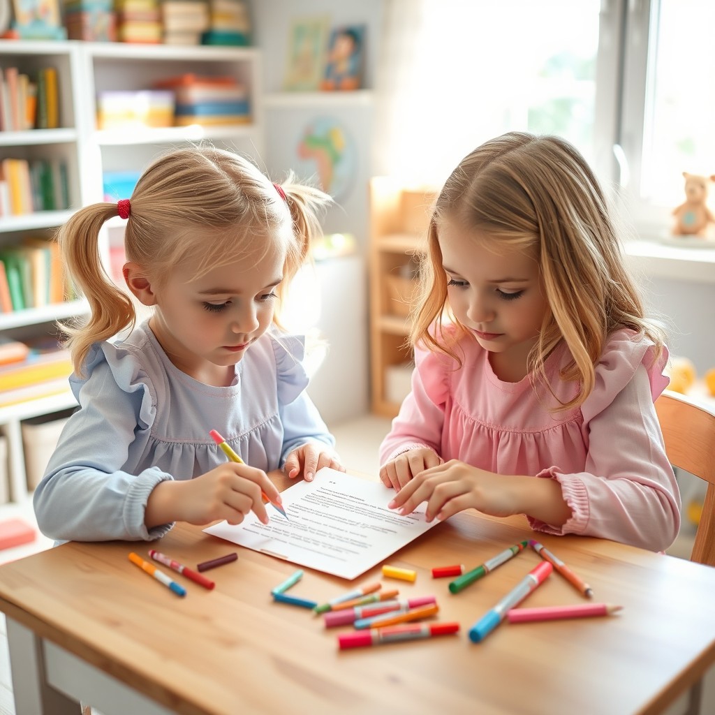 Two blonde twin sisters, around 10 years old, engaged in solving a colorful letter that lies on a charming wooden table