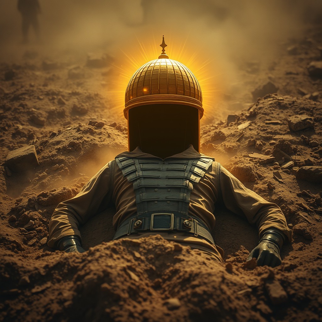 A buried fighter's body in the soil, showcasing only his upper torso and arms protruding from the earth