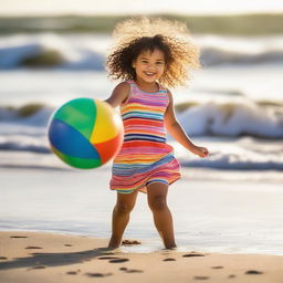 A joyful child with curly hair, playing with a colorful ball on a sunlit beach with gentle waves lapping the shore.