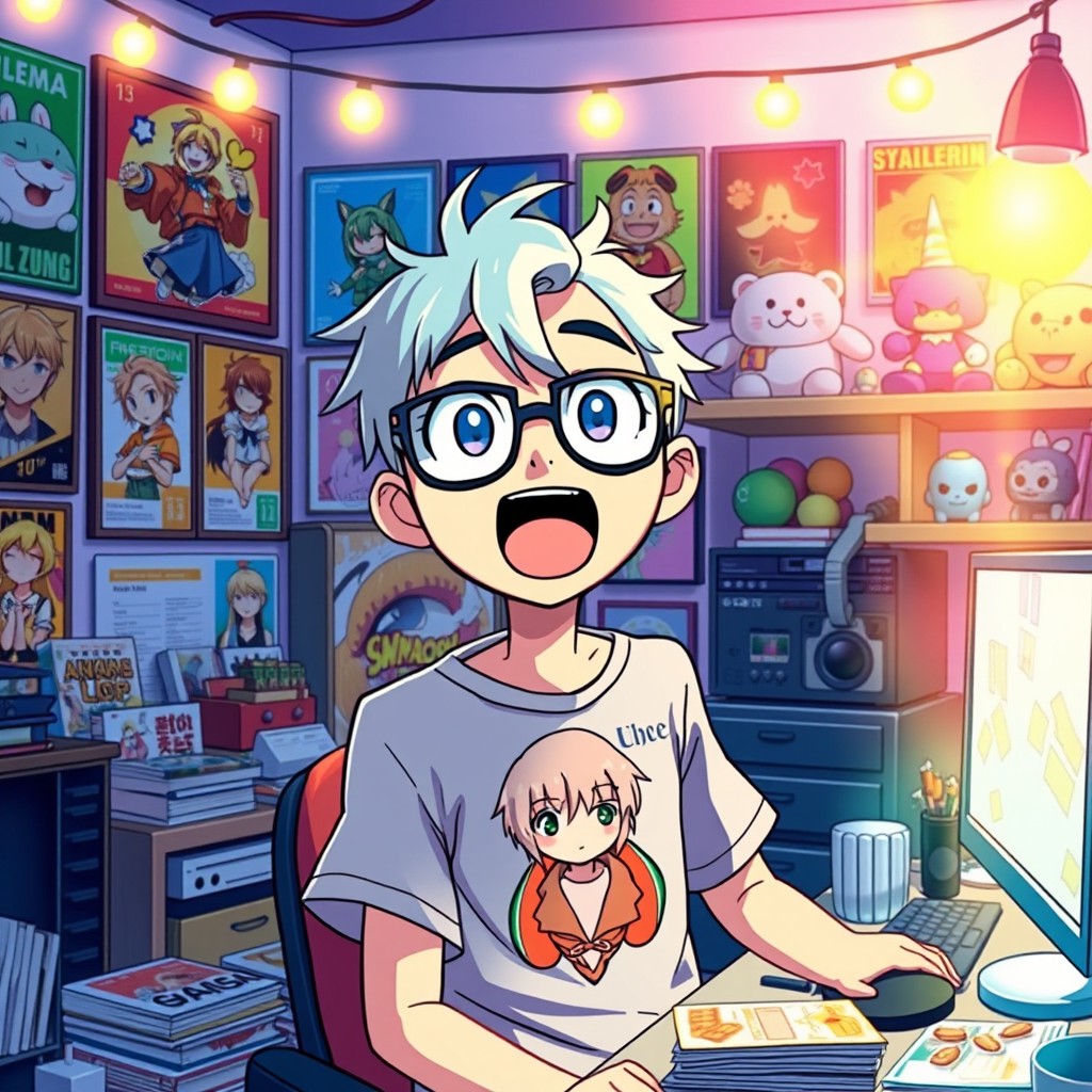 A vibrant and colorful illustration of an anime nerd, surrounded by various anime memorabilia like posters on the walls, figurines on the shelves, and plushies