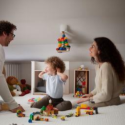 A curly haired little boy gleefully playing with his parents in a cozy and well-lit bedroom filled with toys.