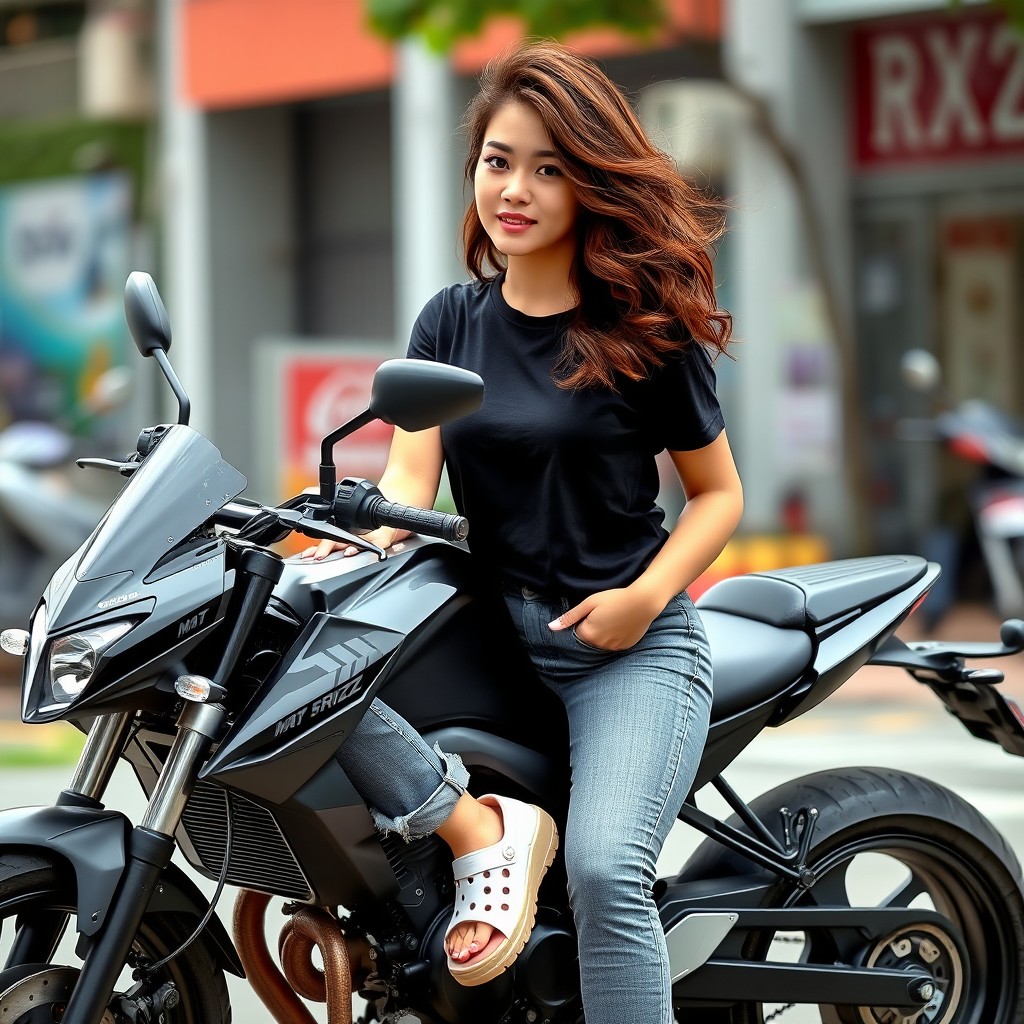 A young woman with free-flowing, shoulder-length chocolate brown hair, which is slightly curly, is seated elegantly on a sleek black modified RXZ motorcycle, resembling a mat rempit style typical in Malaysia