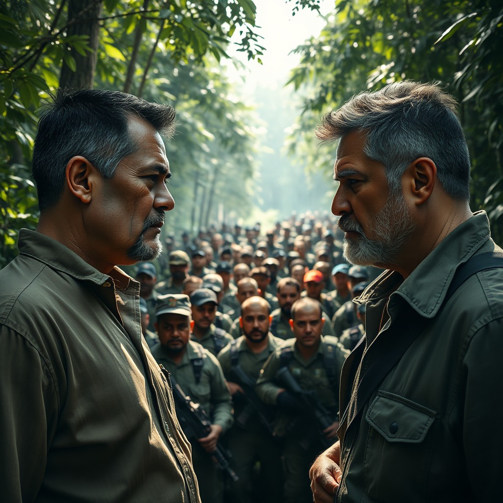 In a dense, verdant forest, two charismatic leaders stand opposite each other, each exuding authority