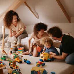 A curly haired little boy gleefully playing with his parents in a cozy and well-lit bedroom filled with toys.