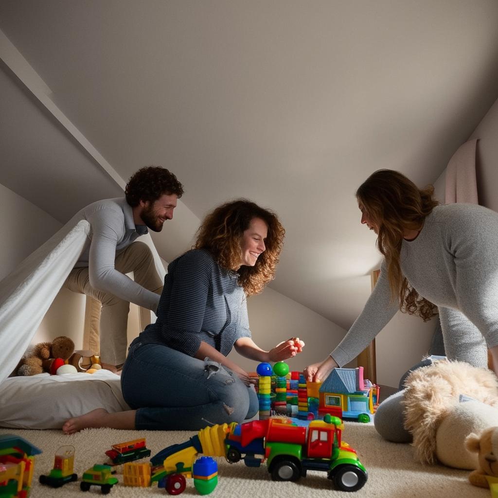 A curly haired little boy gleefully playing with his parents in a cozy and well-lit bedroom filled with toys.