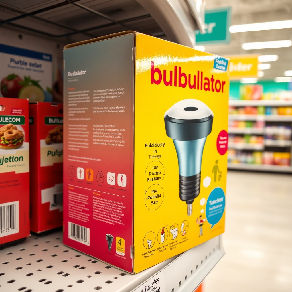 A bright and eye-catching package of a product named 'bulbulator' displayed on a store shelf