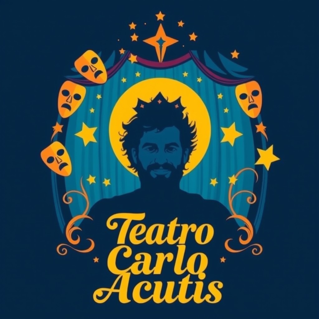 A vibrant design for a theater group t-shirt inspired by Carlo Acutis, featuring a stylized silhouette of Carlo Acutis surrounded by theatrical masks, stars, and a dramatic stage backdrop