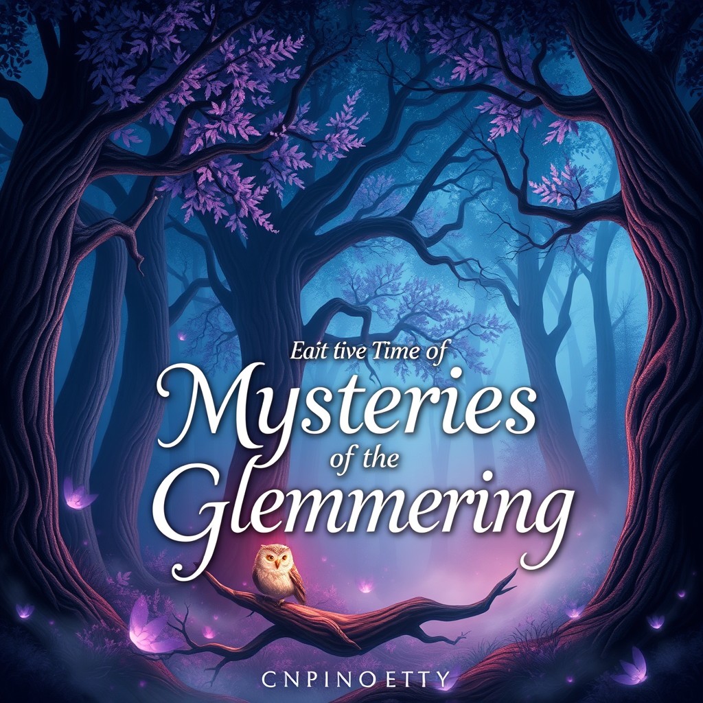 An imaginative book cover design featuring a mystical forest at twilight, where glowing flowers illuminate the path, inviting readers into an adventure
