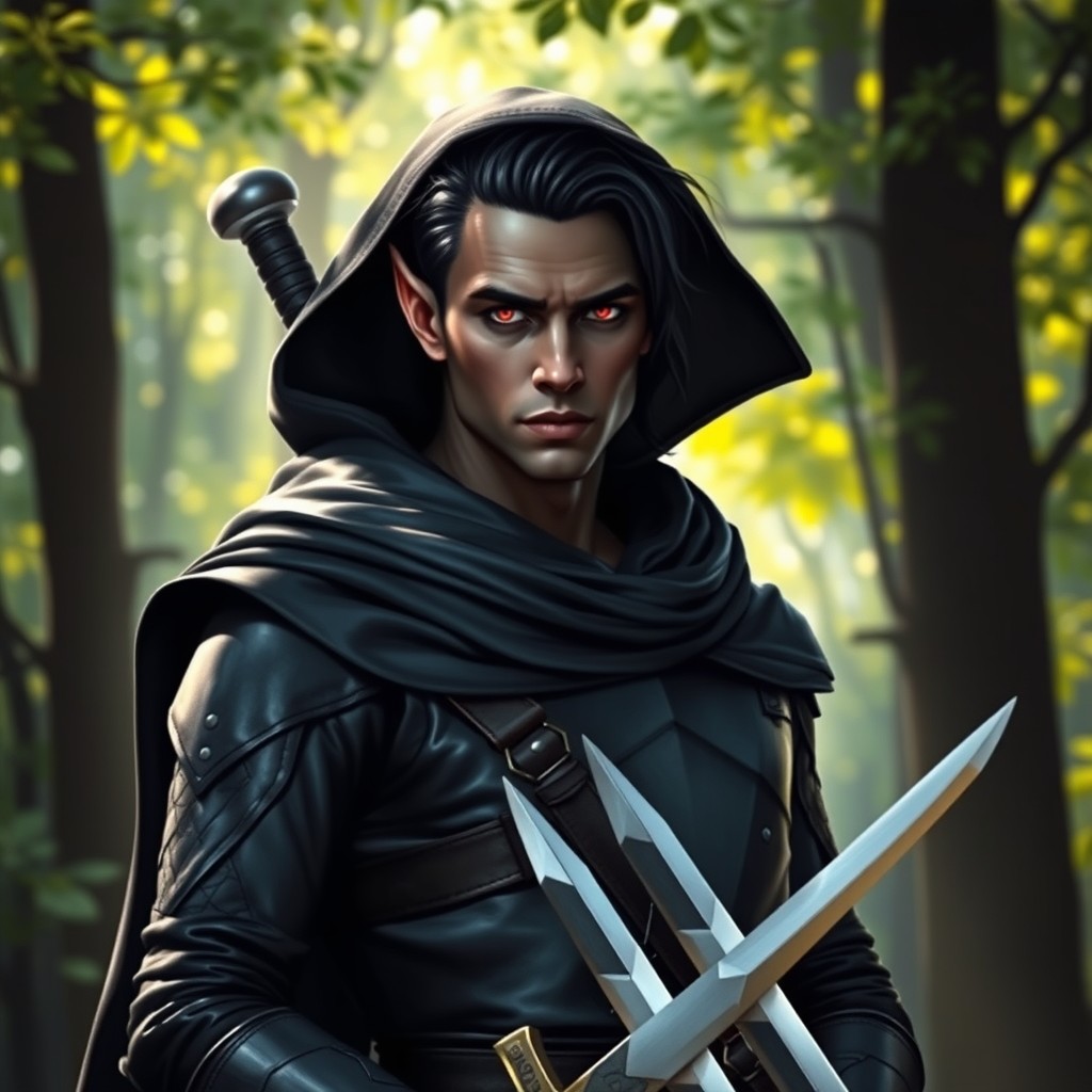 A dark elf druid standing confidently, holding two swords, wearing sleek black leather armor and a flowing black hood