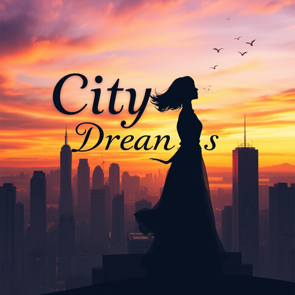 A captivating book cover design that showcases an enchanting city skyline at sunset