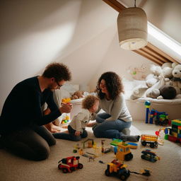 A curly haired little boy gleefully playing with his parents in a cozy and well-lit bedroom filled with toys.