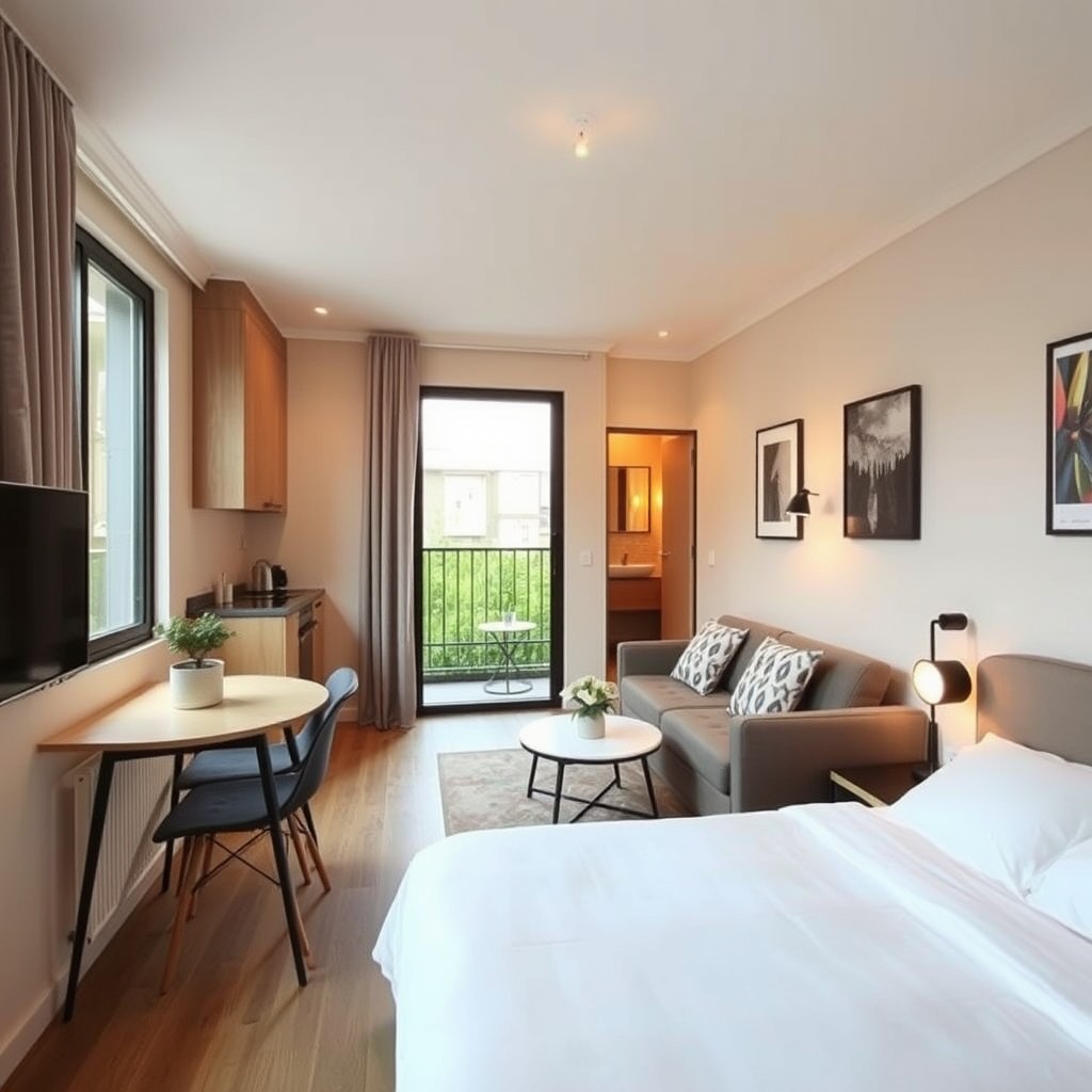 A cozy studio apartment measuring 4 meters by 8 meters, featuring a modern design