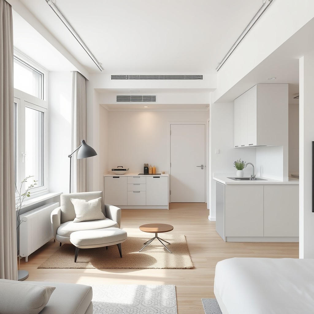 An open-concept studio apartment measuring 8 meters by 4 meters, featuring a designated kitchen area, a cozy living room space, and a bedroom with a floor-to-ceiling window