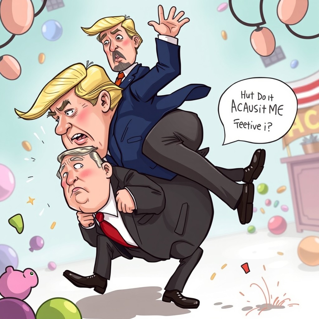 A humorous and satirical illustration depicting a comical scene where a character resembling a political figure is riding on the back of another character resembling a different politician
