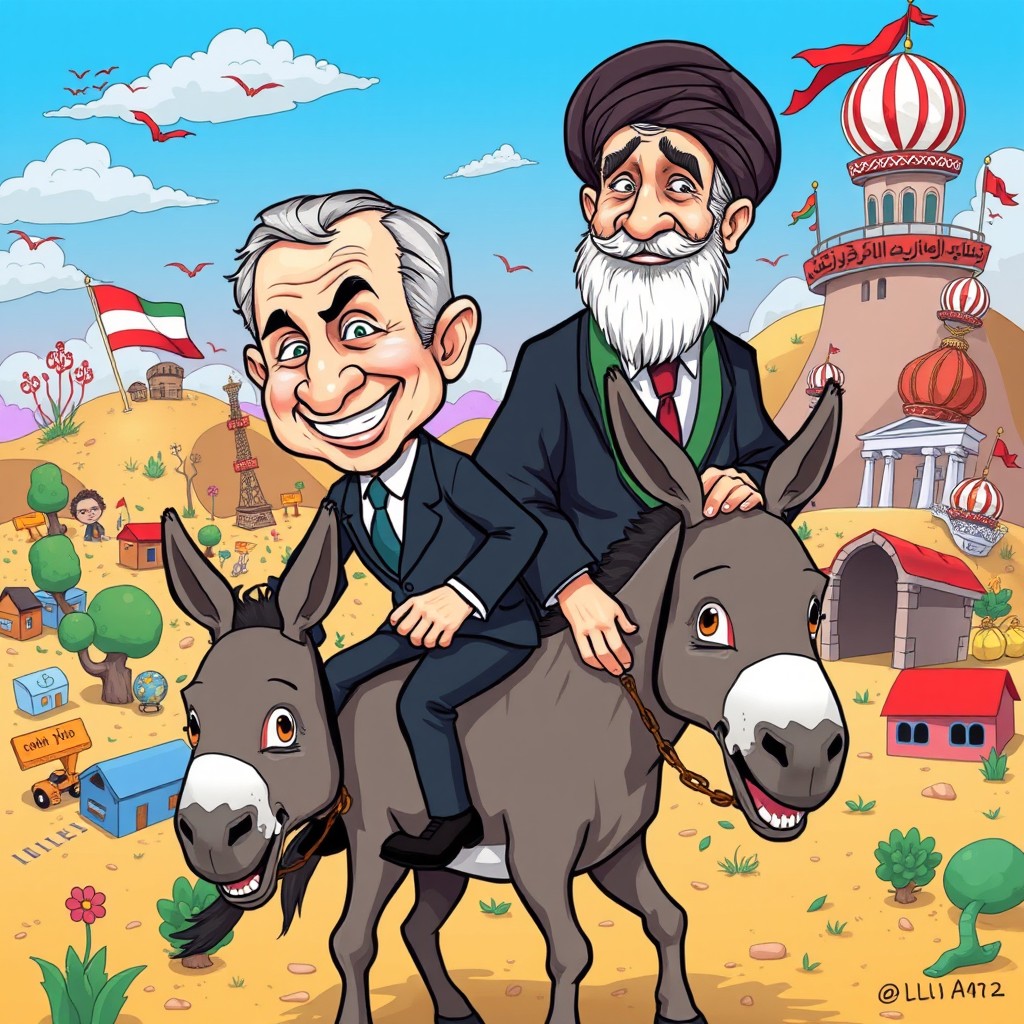 A surreal political satire scene featuring two characters representing Bibi and Khamenei