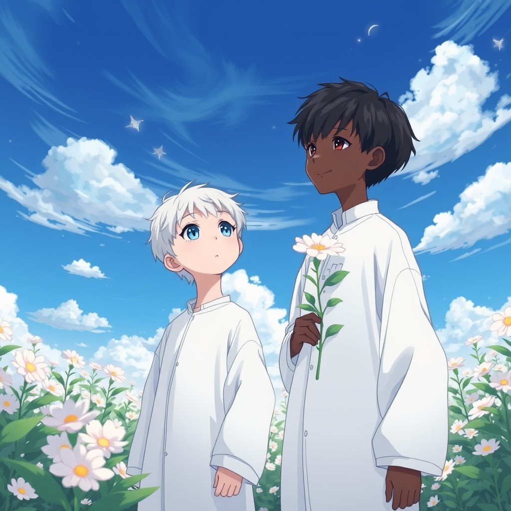Two boys stand in a pristine artificial garden under an uncanny, overly blue sky with motionless clouds
