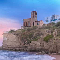 Illustration of a rustic church perched on the edge of a beach, nestled amidst an ancient architectural complex under a vivid sky.