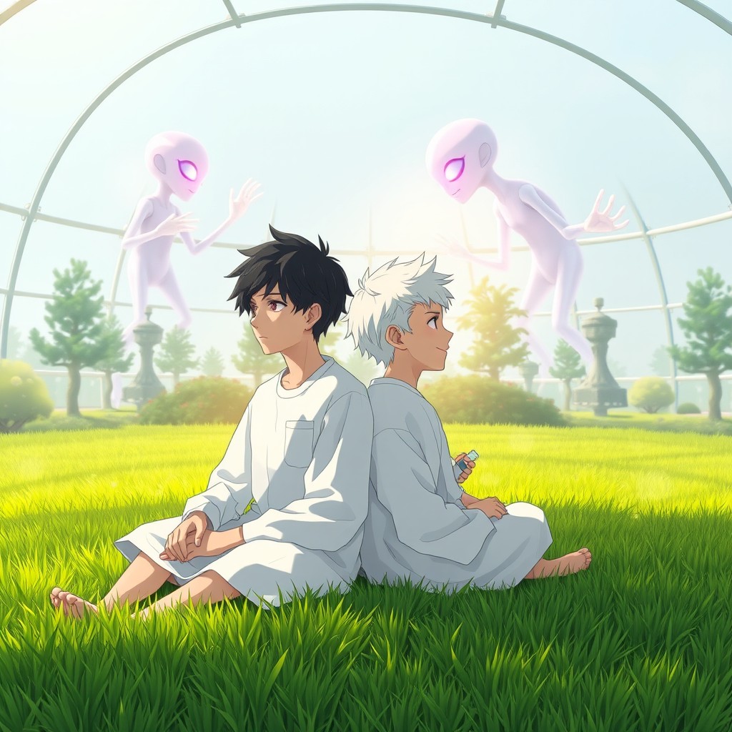 Inside a bright, artificial dome garden, two boys are seated on lush, synthetic grass during their lesson