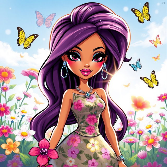 A vibrant and colorful illustration of a fashionable Bratz doll resembling Jasmin, surrounded by a lush and blooming flower garden