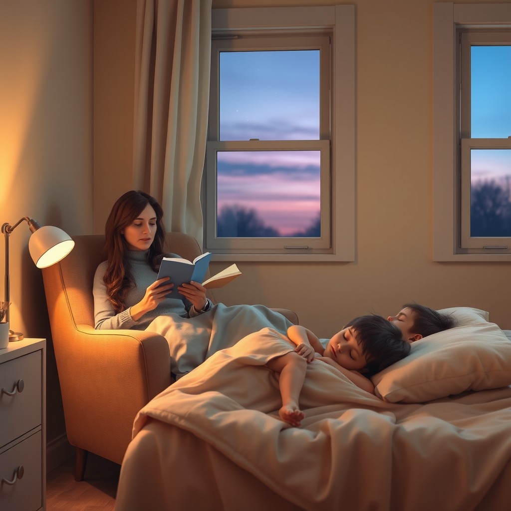 A cozy evening scene in a softly lit room where a mother is relaxing in a corner while her children peacefully sleep on a nearby bed
