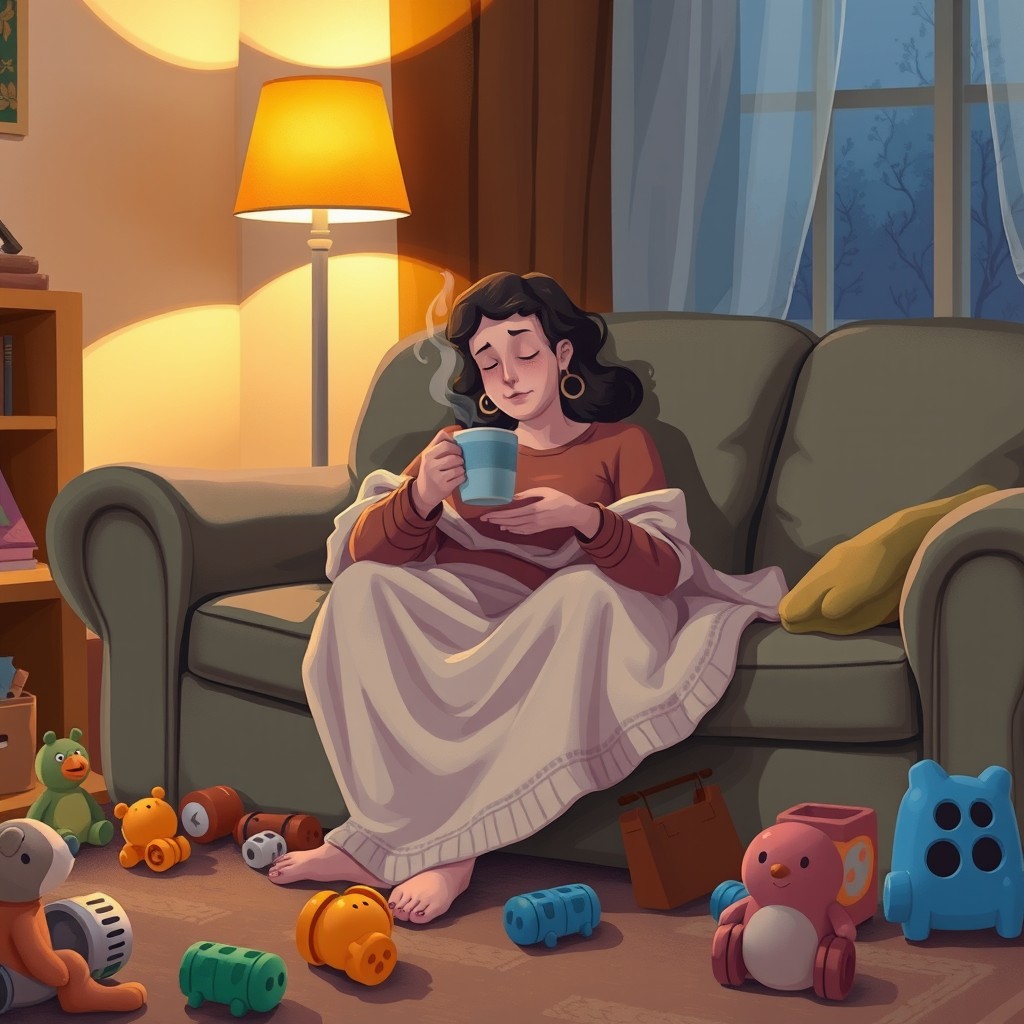 A tired but content mother sitting on a cozy couch in her living room at night