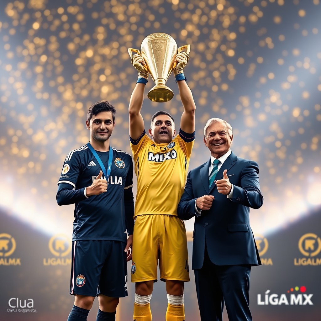 A player from Club América lifting a golden trophy against a background filled with gala lights