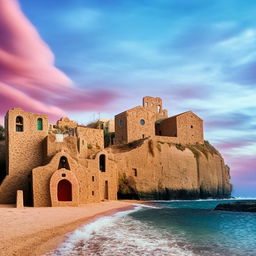 Illustration of a rustic church perched on the edge of a beach, nestled amidst an ancient architectural complex under a vivid sky.