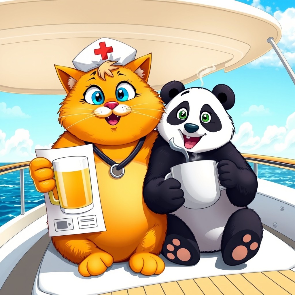 A whimsical scene on a luxurious yacht featuring a large, adorable, chubby orange cat with a big round belly, big blue eyes, and a wide smile, wearing a nurse's cap