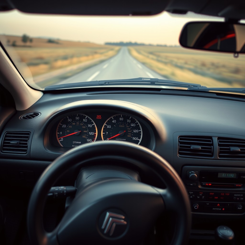 An interior shot of a 2001 Citroen Xsara, focusing on the dashboard and speed panel