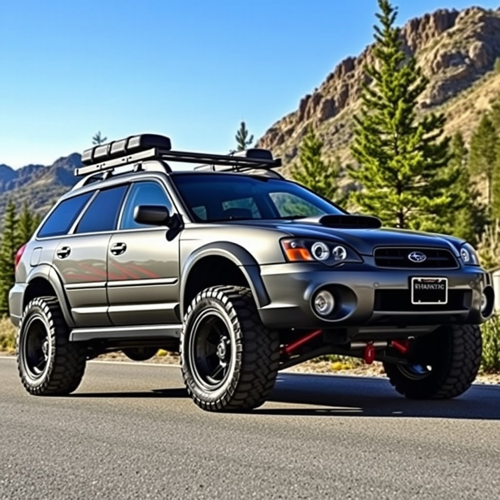 A modified 2005 Subaru Outback parked on a scenic mountain road, showcasing its rugged off-road features