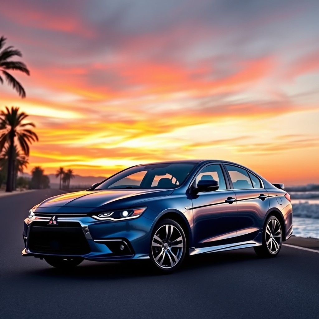 A stunning Mitsubishi Galant 8, parked on a scenic coastal road during sunset