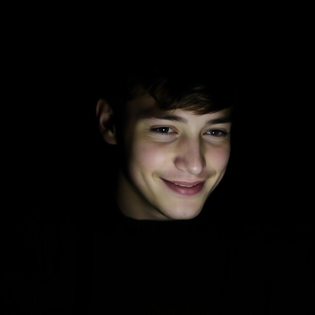 A young man sitting alone in darkness, illuminated solely by the soft glow of a laptop or phone screen