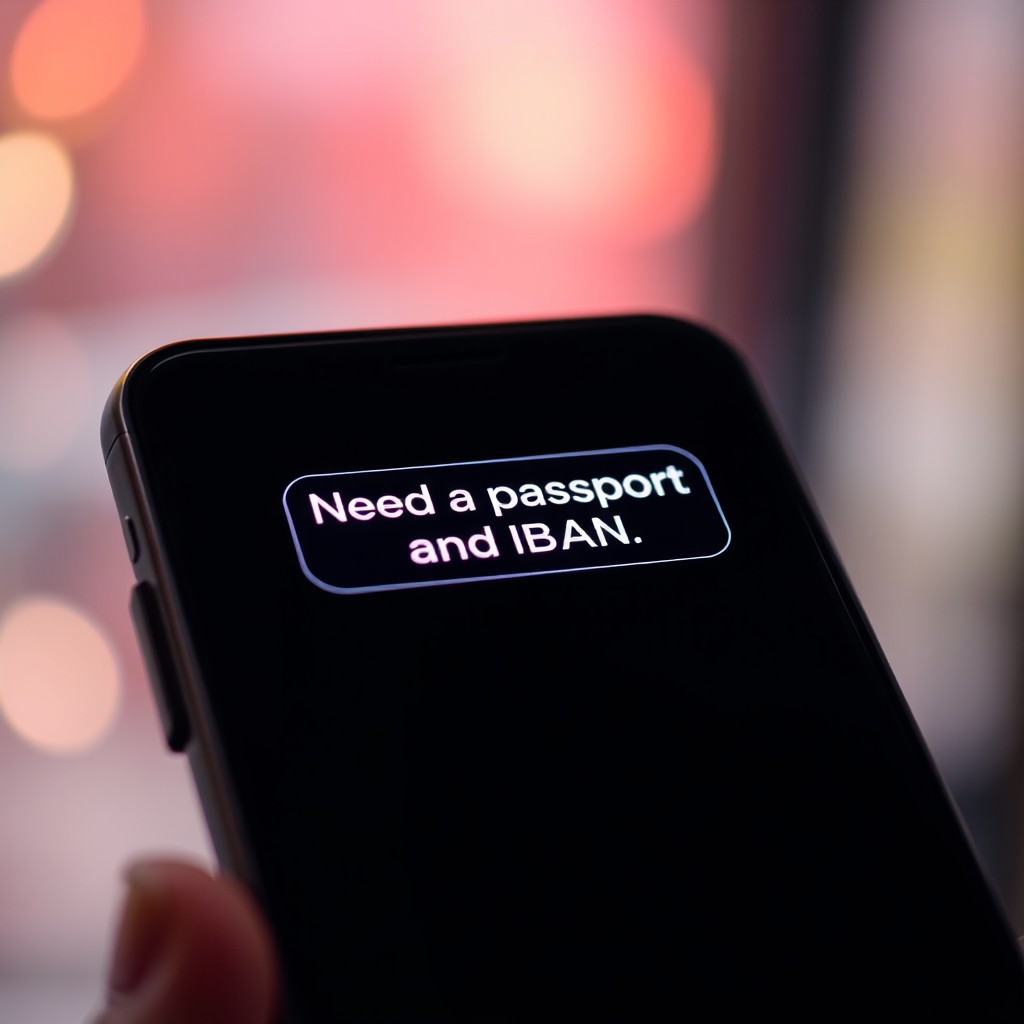 Close-up of a smartphone screen displaying a chat window with the message 'Need your passport and IBAN,' glowing brightly
