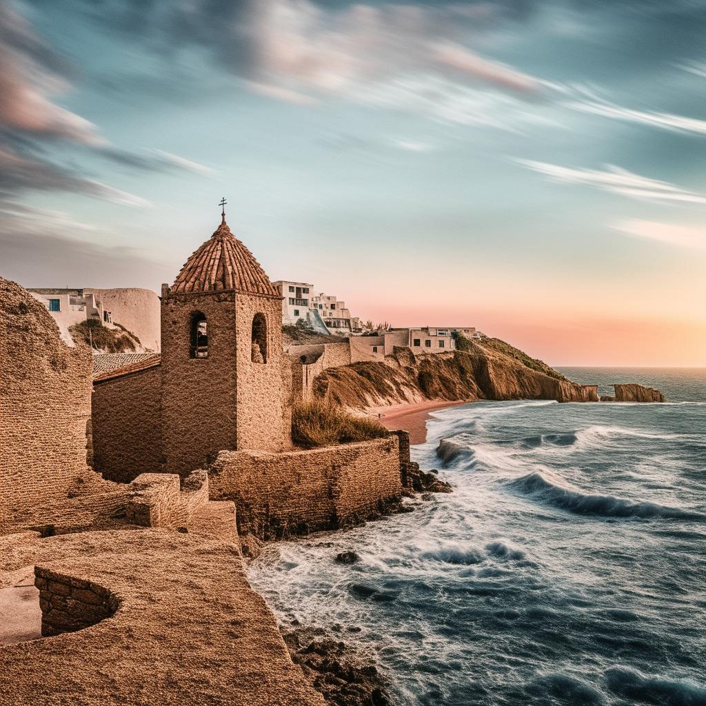 Illustration of a rustic church perched on the edge of a beach, nestled amidst an ancient architectural complex under a vivid sky.