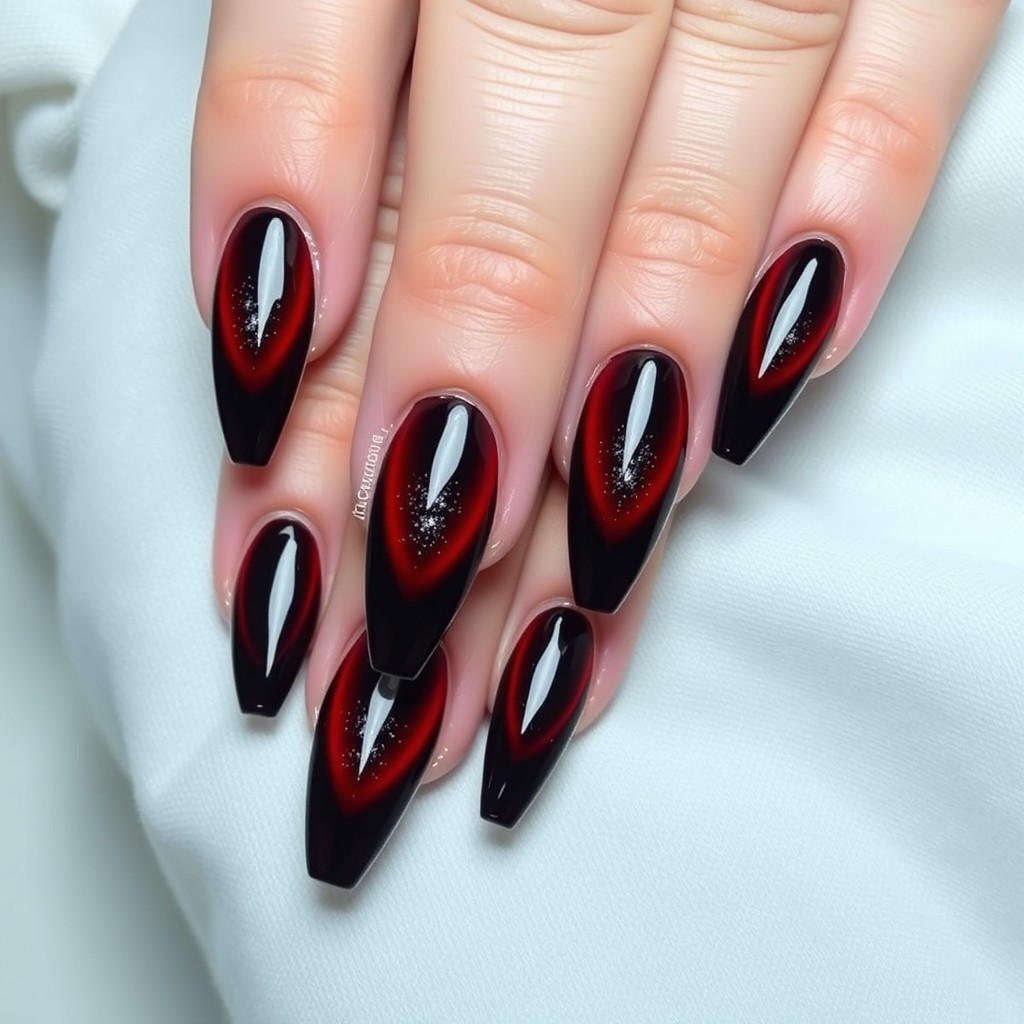 Close-up of hands with long almond-shaped nails resting on a white fabric surface