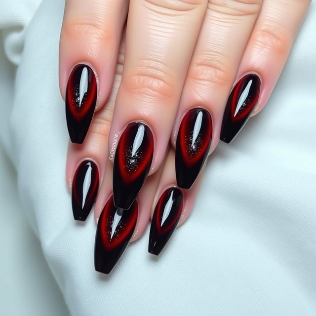 Close-up of hands with long almond-shaped nails resting on a white fabric surface