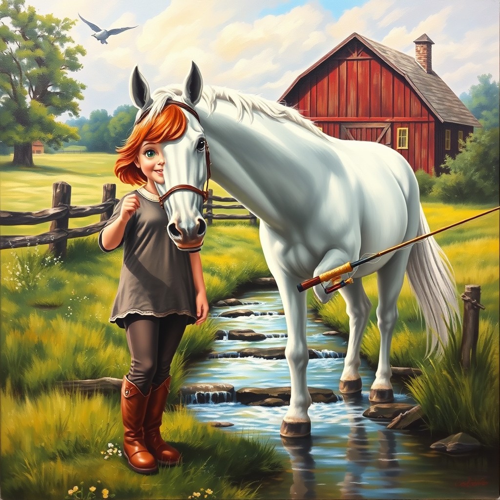 A stunning oil painting of a serene barn scene