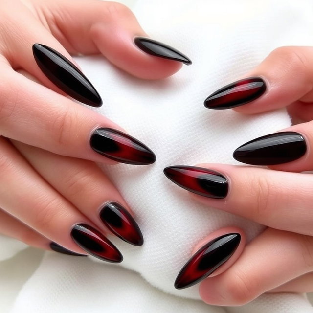 Close-up of hands with long almond-shaped nails resting on a white fabric surface