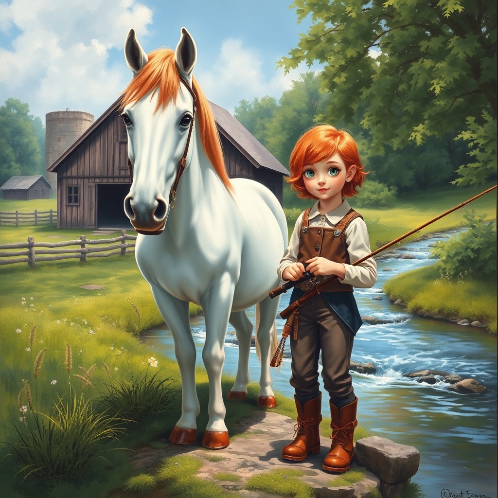 A magnificent oil painting depicting a peaceful barn landscape