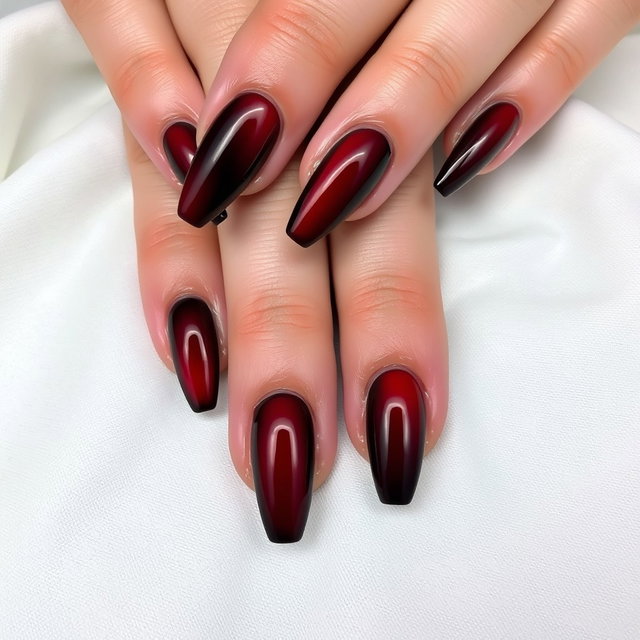 Close-up of hands with long almond-shaped nails resting on a white fabric surface
