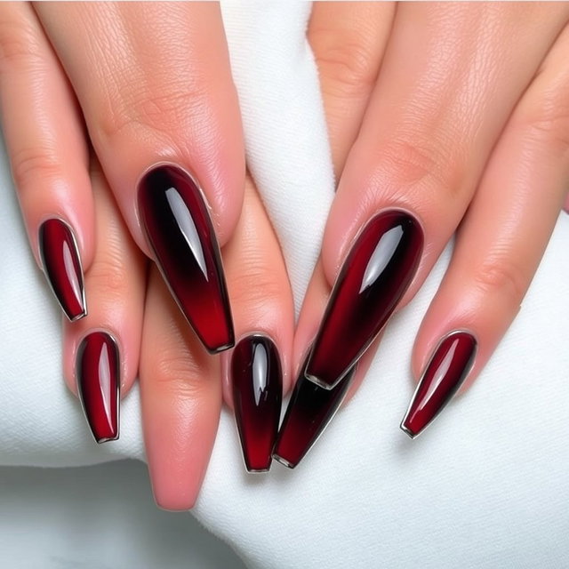 Close-up of hands with long almond-shaped nails resting on a white fabric surface