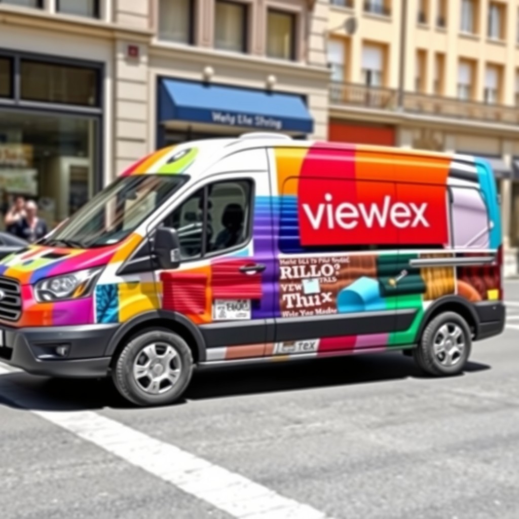 A vibrant and eye-catching company van featuring the branding of 'Viewtex Roller Shades'