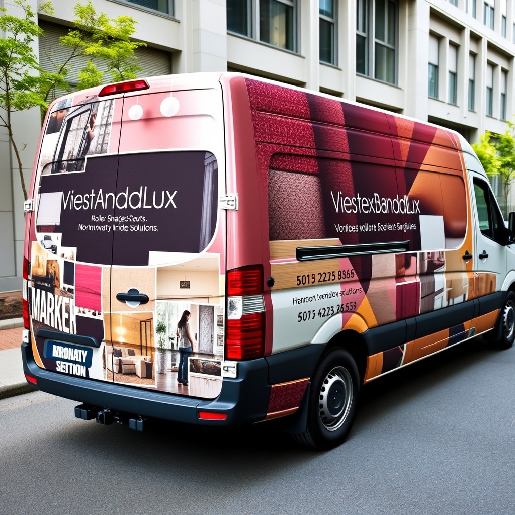 A professional delivery van featuring a striking wrap design for 'Viestex Bandalux', a roller shades company