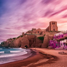 Illustration of a rustic church perched on the edge of a beach, nestled amidst an ancient architectural complex under a vivid sky.