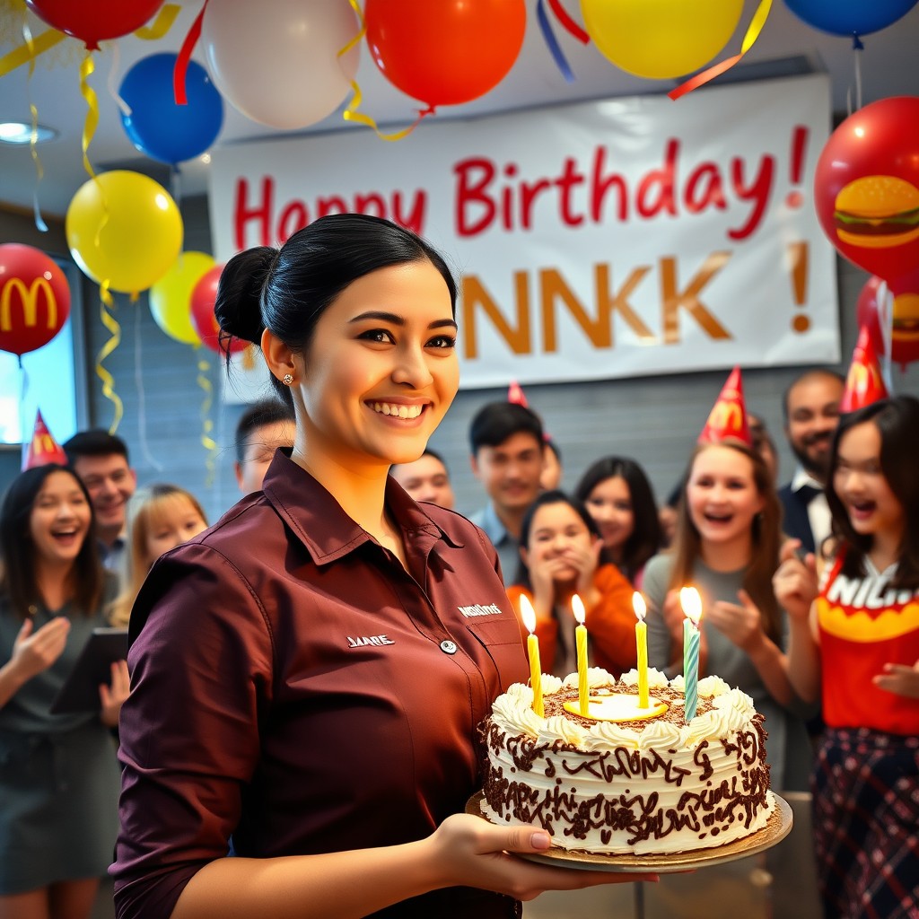 A vibrant birthday celebration scene for Nika, a manager at McDonald's
