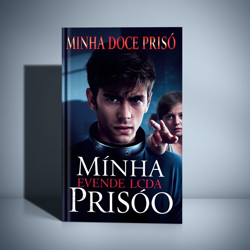 A captivating book cover design for "Minha Doce Prisão" featuring a dramatic scene of a young man with a distressed expression, wearing a collar around his neck, symbolizing his captivity