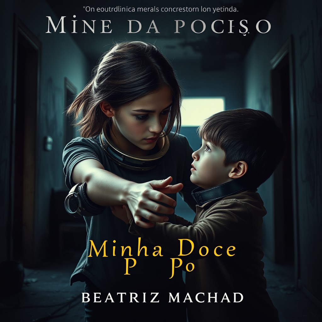 A dramatic and emotional scene depicting a teenage girl bravely attempting to rescue a young boy who is being held captive with a collar around his neck