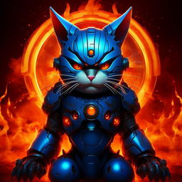 A dark, menacing version of Doraemon, the blue robotic cat from Japan, emphasizing his evil features. Drastic colors and a fiery background can emphasize this altered sinister character.