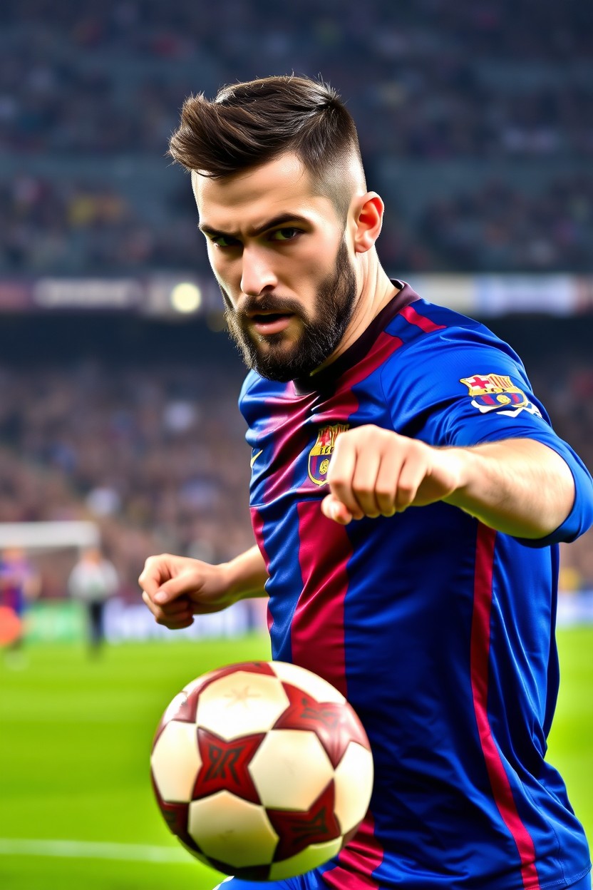 A dynamic and vibrant portrait of a professional soccer player, showcasing an athletic male athlete with short dark hair and a beard, wearing a blue and garnet striped jersey