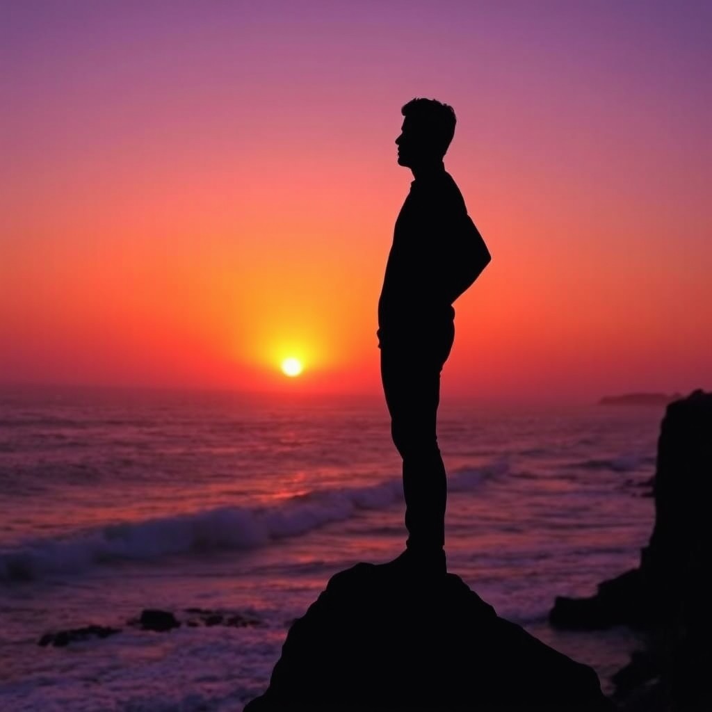 A striking silhouette of a person standing on a cliff during sunset, against a vibrant orange and purple sky